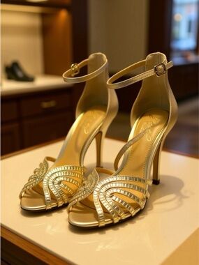 Gold High Heel Ankle-Strap Sandals with Decorative Front Straps